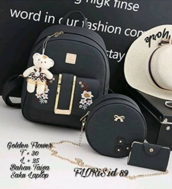 Fashion ransel KULIT PU LEATHER golden flower / fashion wanita / tas ransel murah batam