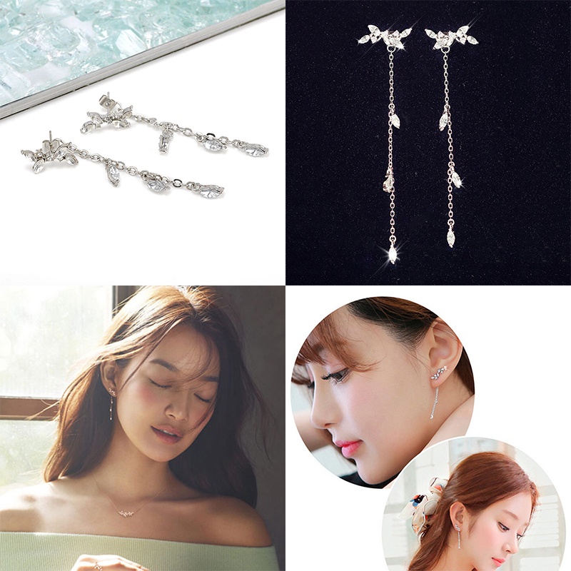 [FULLのJY] Women Long Korean Style Tassel Leaves Ear Stud Drop Dangle Hook Earrings