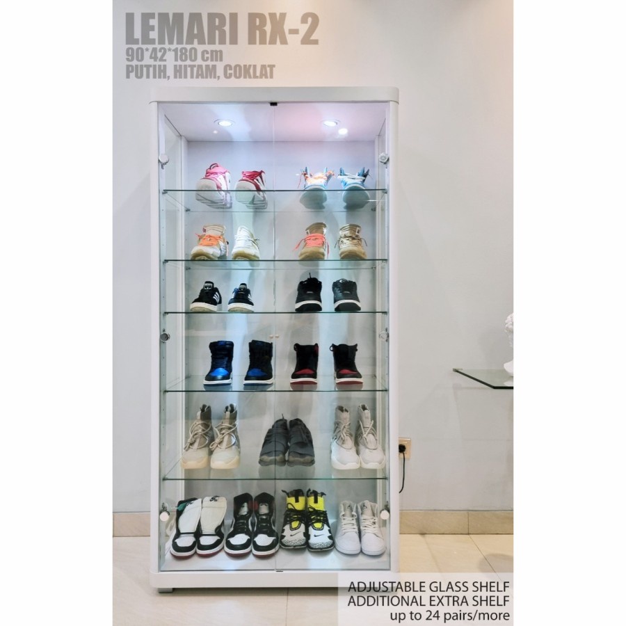 Lemari Pajang Kaca Minimalis Modern RX2 Koleksi Tas Sepatu Baju Action Figure Parfum Botol Funko Tan