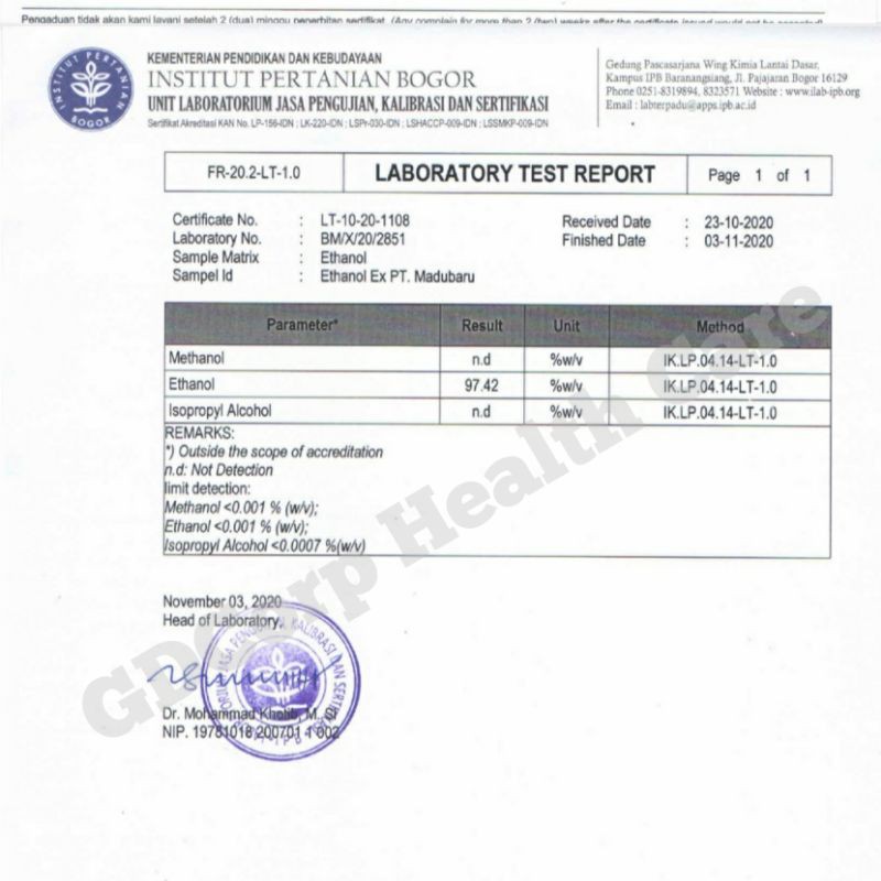 Alkohol Food Grade 70% &amp; 96% GDCorp Health Care Original Izin Kemenkes RI, certificate IPB