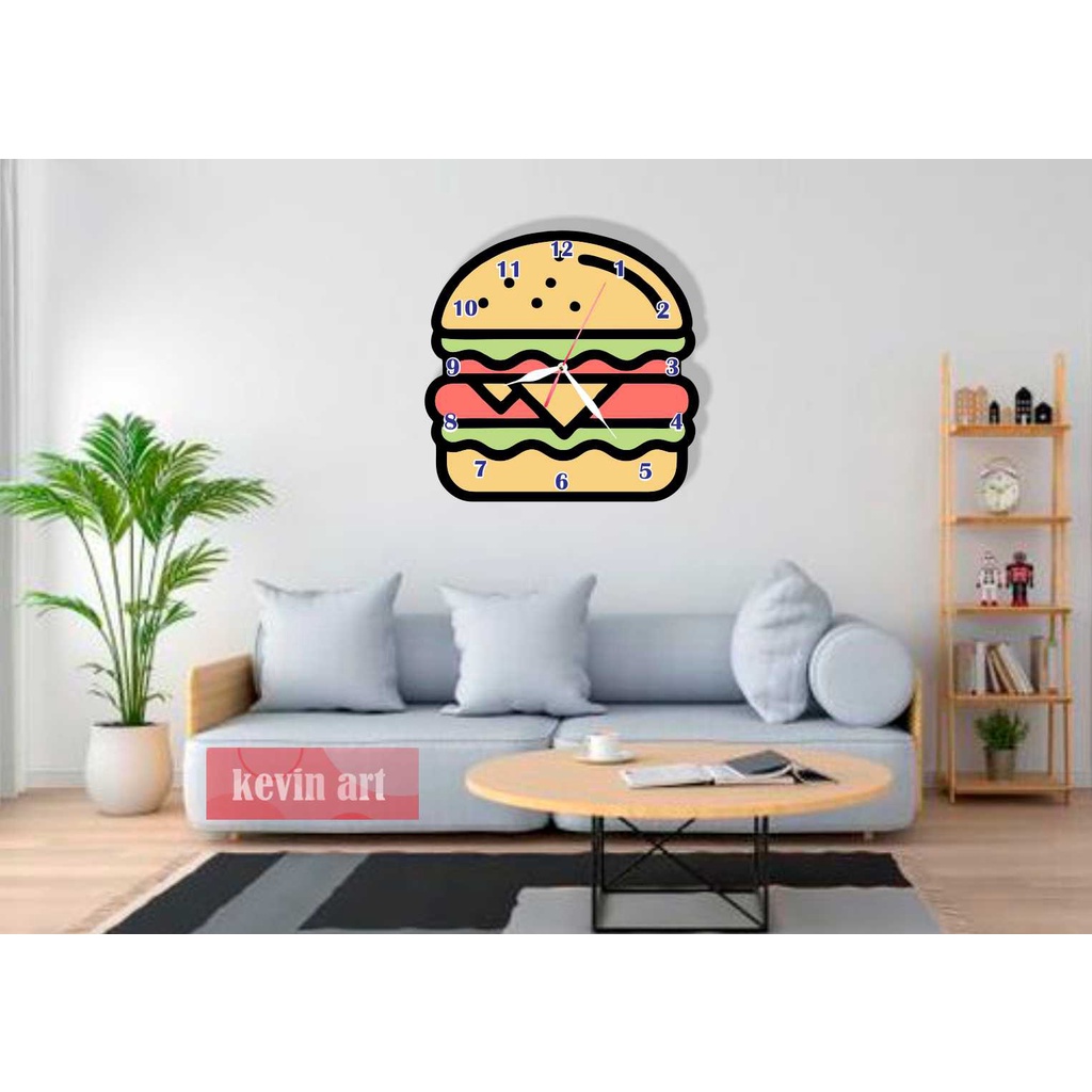 JAM DINDING KAYU UNIK KARAKTER ANAK GAMBAR BURGER ANIMASI KARTUN LUCU MINIMALIS MURAH TEMPEL TEMBOK CUSTOM BESAR ARTISTIK MODERN MEWAH DEKORASI DINDING HIASAN DINGDING KAMAR TIDUR ANAK TERLARIS