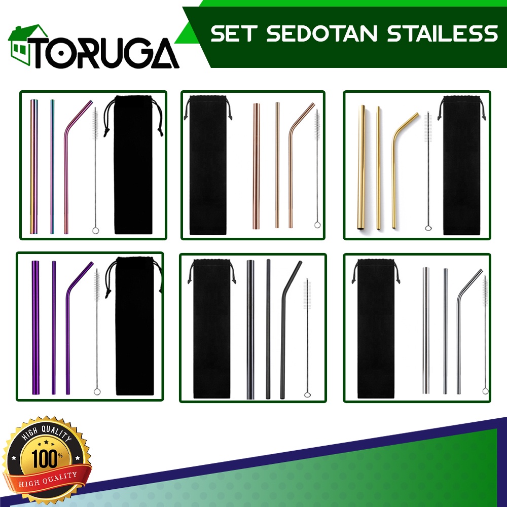 ECO Set 5 in 1 Sedotan Stainless Steel Reusable Ramah Lingkungan Warna Warni Praktis