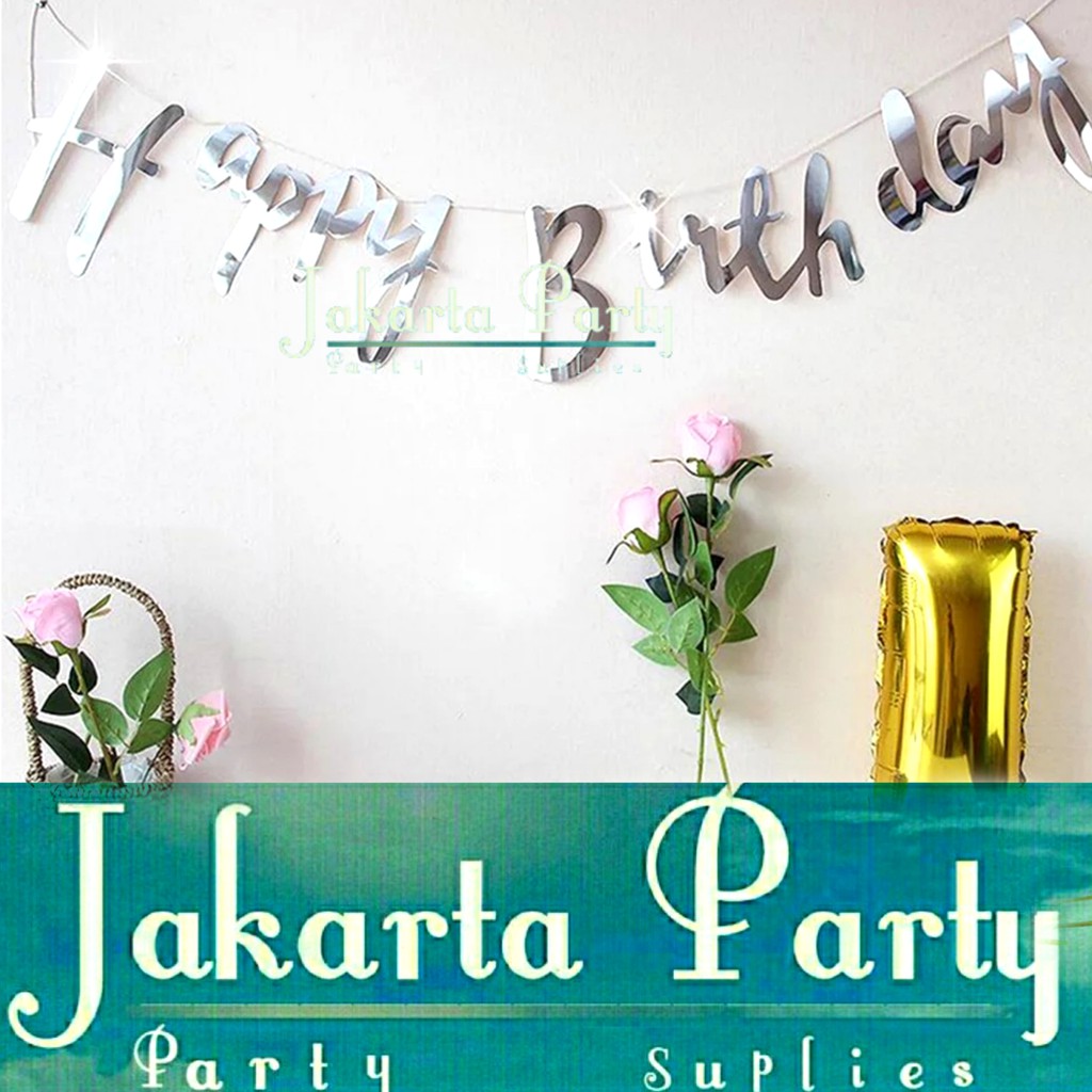 Banner Flag Latin / Bunting Flag Happy Birthday Tulisan Sambung Silver