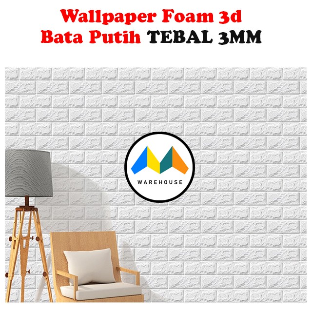 MW Wallpaper Foam Putih Bata 3D Bata Warna Putih Premium Wall Paper Sticker Tebal 3MM