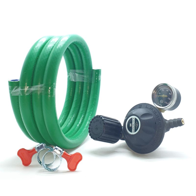 SET Superlock GRS-02 Meter + Selang HIJAU 5 Lapis 2M + 2 Klem Kuping / Regulator Selang Kompor Gas