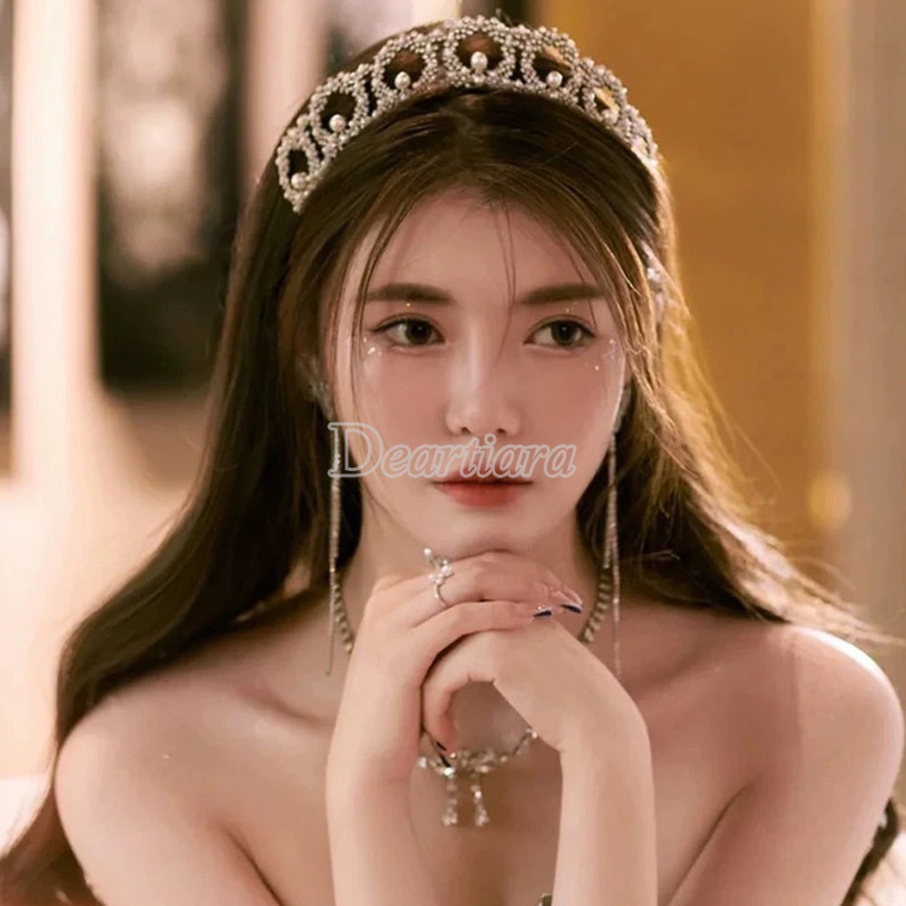 Tiara Mahkota Bunga Alloy Hias Mutiara Berlian Imitasi Untuk Aksesoris Rambut Pengantin Wanita