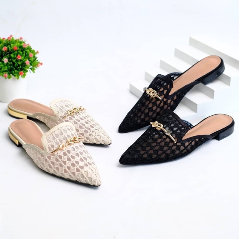 SEPATU WANITA PDR PS014 GOLD KNOT DETAILED MESH MULES PREMIUM IMPORT