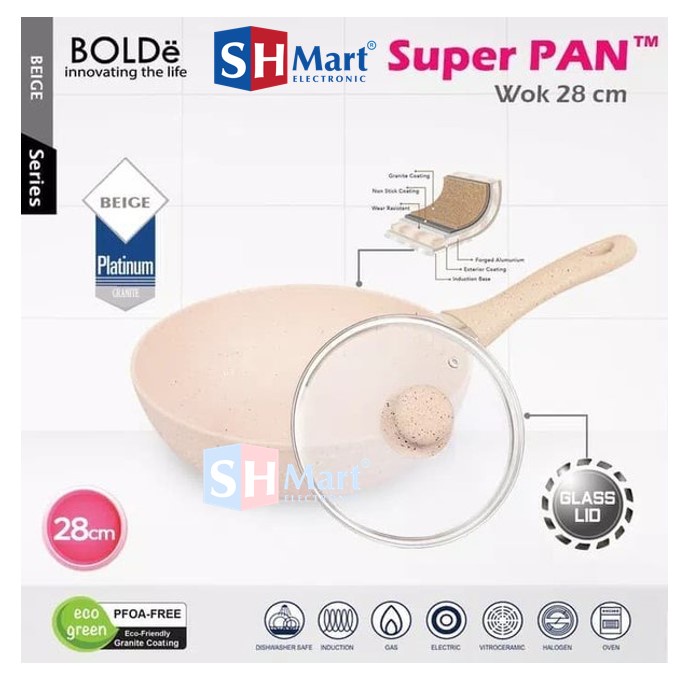 BOLDE PAN ORGANIC GREEN COATING WOK PAN + GLASS LID DAN SET BEIGE GRANITE ANTI LENGKET ORIGINAL 100% BOLDE