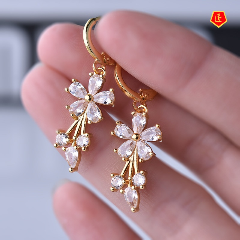 [Ready Stock]Simple Sweet 18K Gold Flower Inlaid Colored Gems Earrings