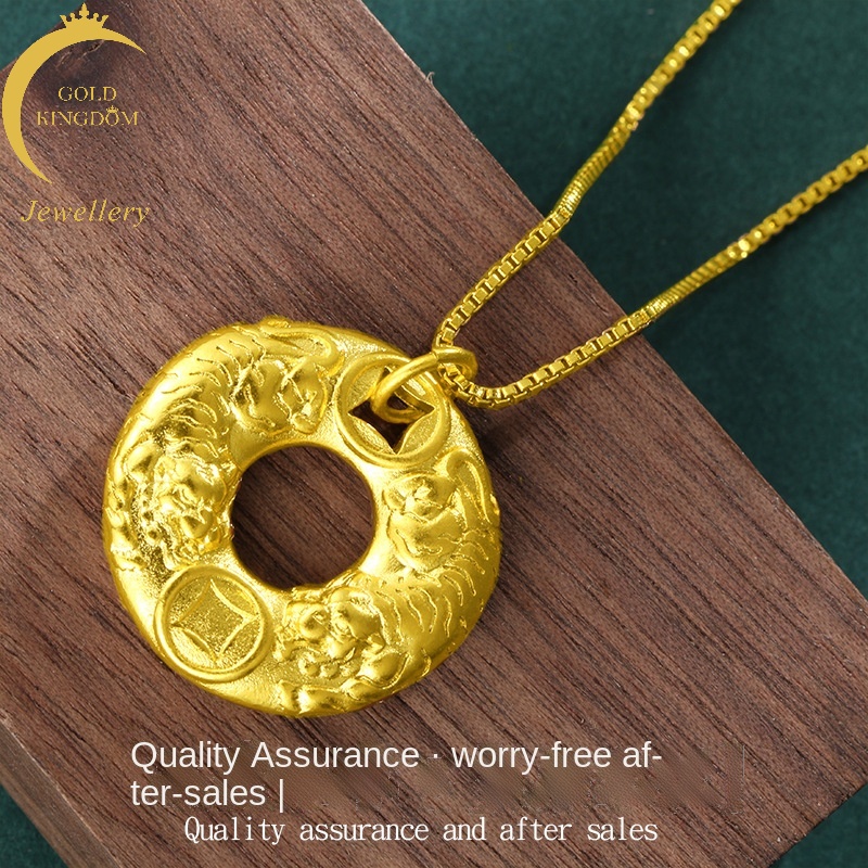 Goldkingdom Kalung Rantai Gaya Korea / Bangkok / Cina Dengan Liontin Motif Harimau + Cincin Lapis Emas Emas Asli Kadar 375Untuk Pria / Wanita