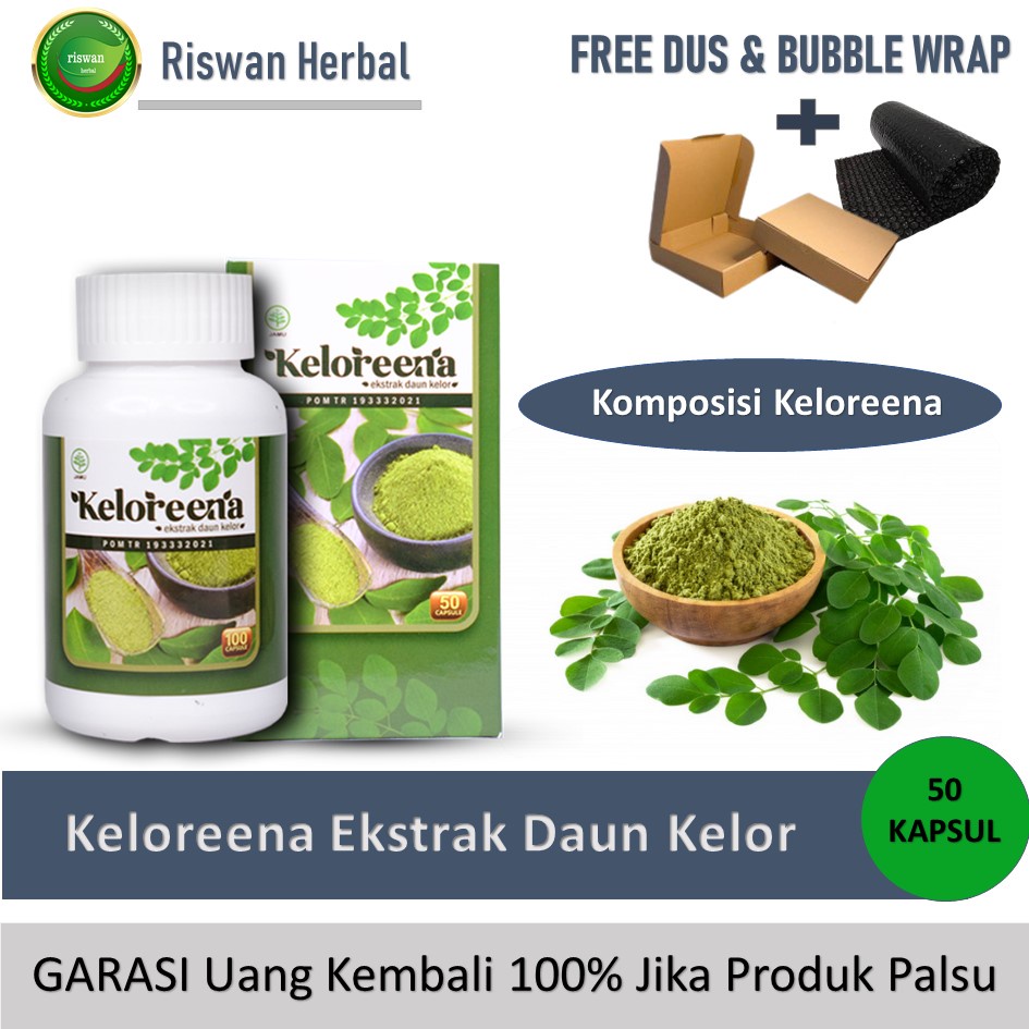 Obat Asam Lambung dan Tipes / Sesak Nafas / Vertigo Herbal Alami Keloreena 50 Kapsul Daun Kelor Asli BPOM