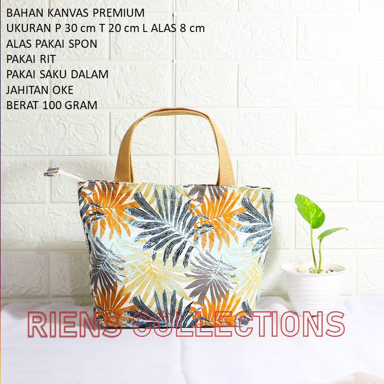 RIENS COLLECTIONS. HANDBAG KECIL BAHAN KANVAS MOTIF FLORAL PALM ORANGE