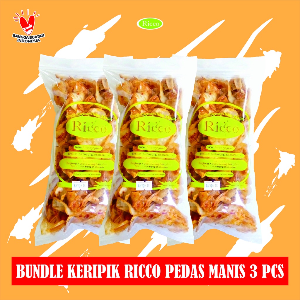 

BUNDLE PAKET SNACK JAJANAN - KERIPIK SINGKONG BALADO PEDAS MANIS RICCO ISI 3 PCS - KRIPIK RICCO