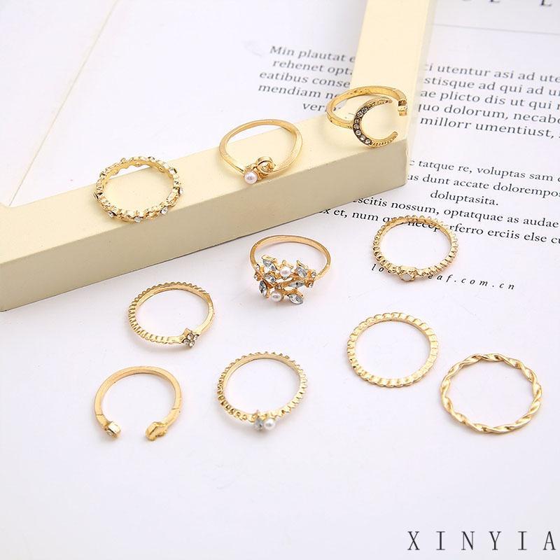 10 Pcs Cincin Berlian Mutiara Bentuk Bulan Bintang Hati Daun Gaya Retro Untuk Wanita