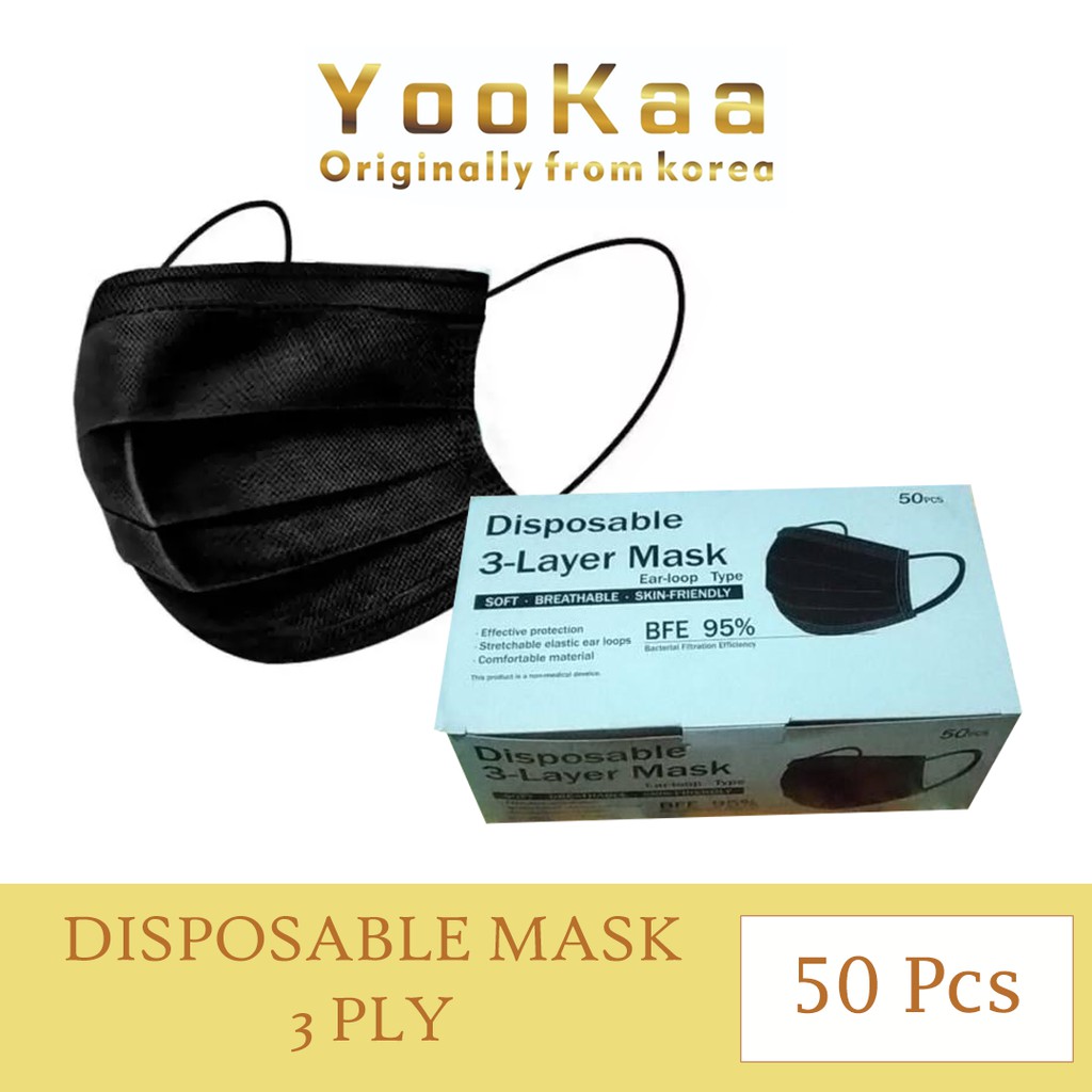Jual Yookaa H198 Masker 3 Ply Hitam Isi 50pcs Disposable Face Mask