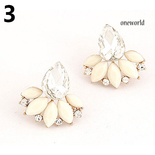 OW@ Women's Korean Style Teardrop Leaf Inlaid Rhinestone Earrings Ear Studs Jewelry