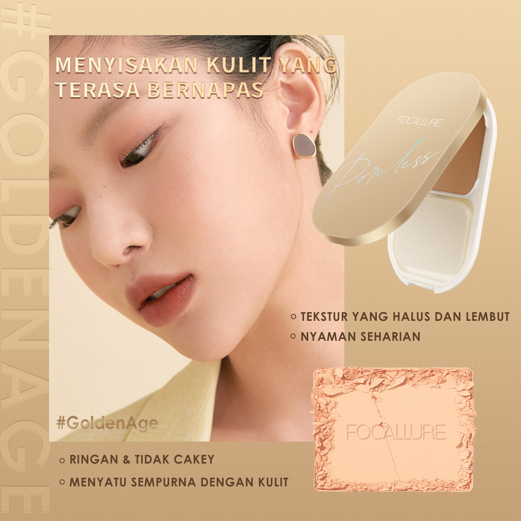 FOCALLURE #GoldenAge Poreless Bedak Padat Compact Powder Waterproof Matte Pressed Powder