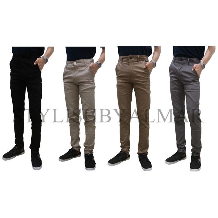 Celana chino panjang pria cowok slim fit ukuran jumbo big size bahan melar premium hitam cream abu mocca