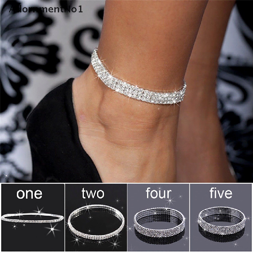 (AdornmentNo1) Gelang Kaki Rantai Multilayer Aksen Kristal + Berlian Imitasi Untuk Perhiasan Wanita / Pantai