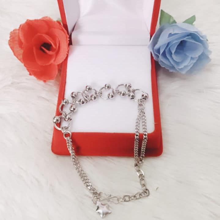 Gelang Tangan Perhiasan Wanita Model Bintang Double Bulat Silver Monel Besi Putih Dewasa Anti Karat