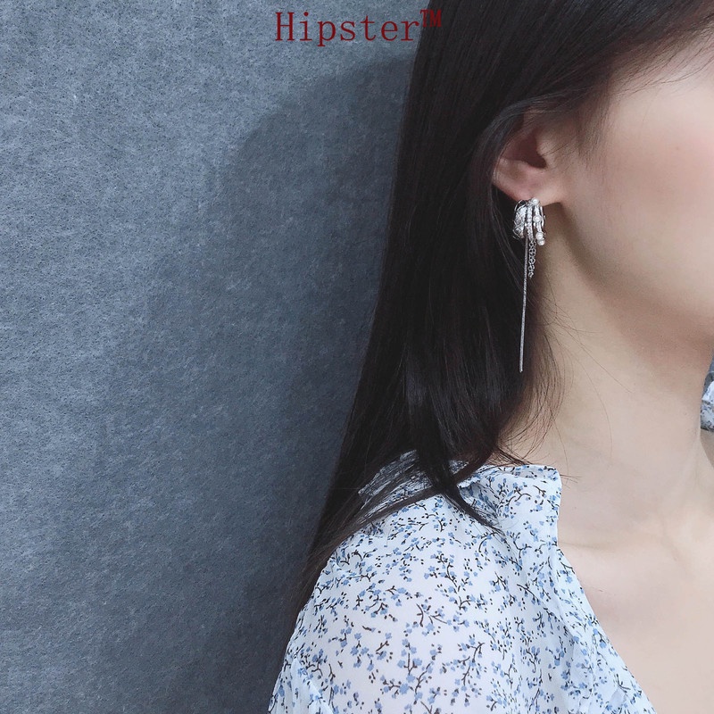 Anting Gantung Panjang Model Rumbai Dengan Mutiara Warna Silver Untuk Wanita