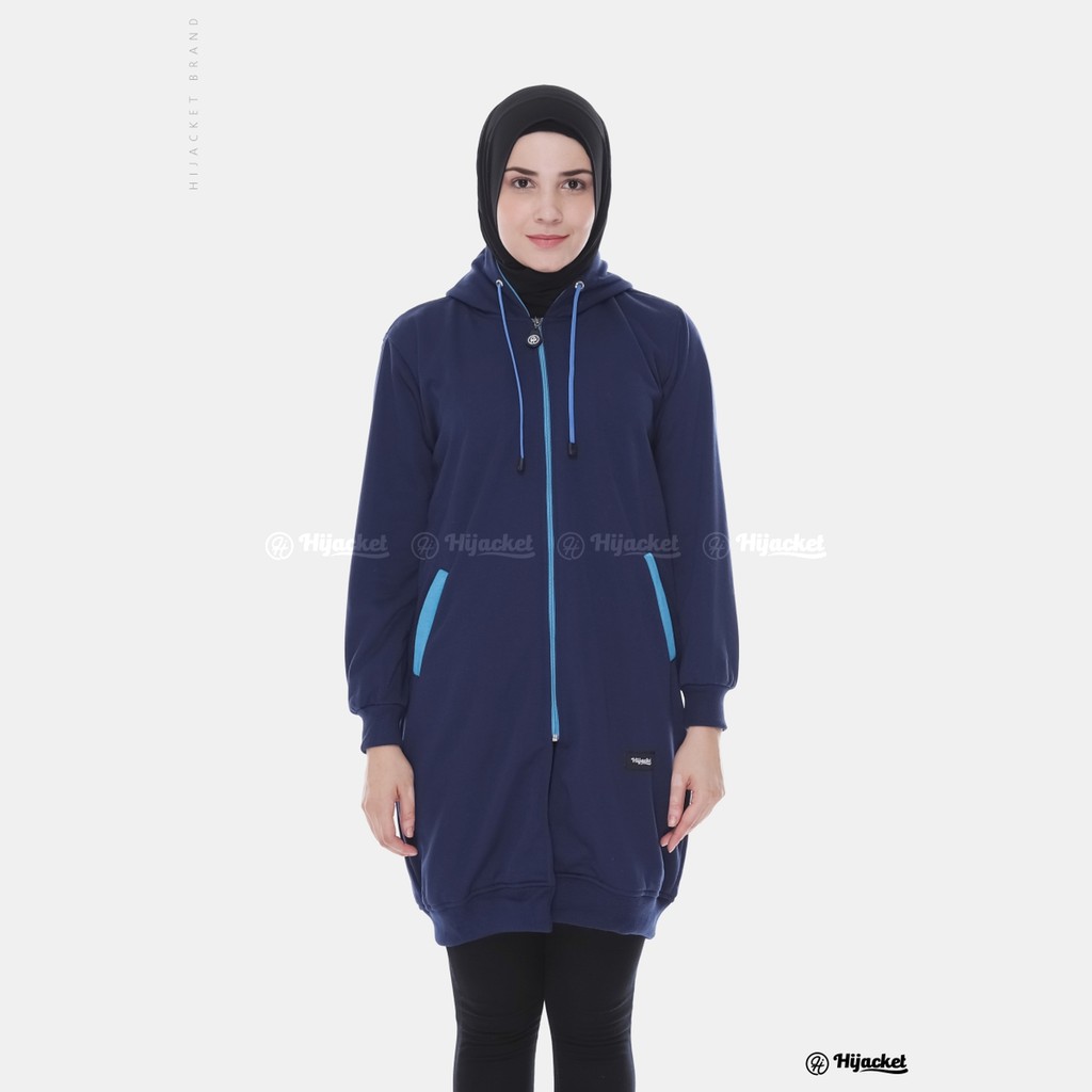 Hijacket Basic jaket hijab wanita Muslim Syari panjang polos tebal (COD bayar di rumah)-HJ2 Navy x biru