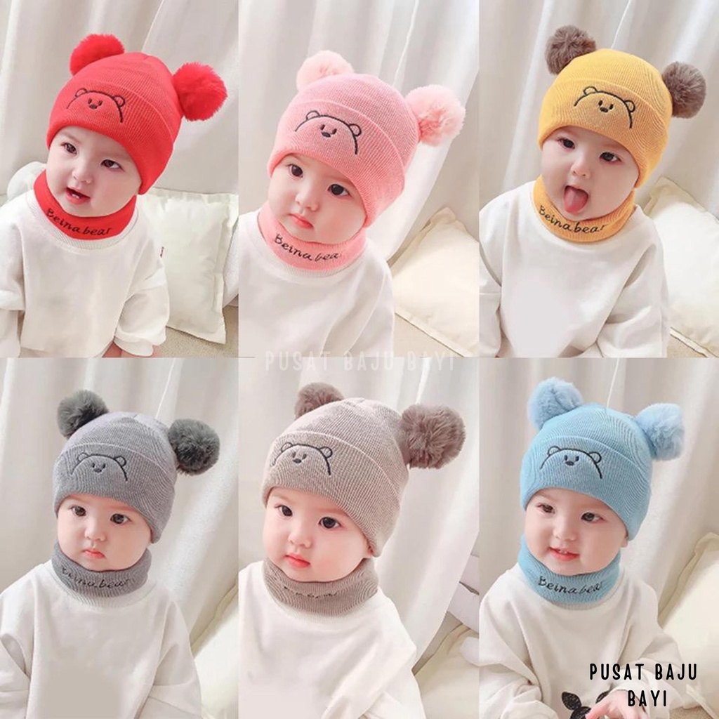 Topi Rajut Kupluk Bayi Pom Pom Premium / Topi Bayi Pom Pom BEAR Anak Laki - Laki Perempuan / Kupluk Baby Pompom BEAR