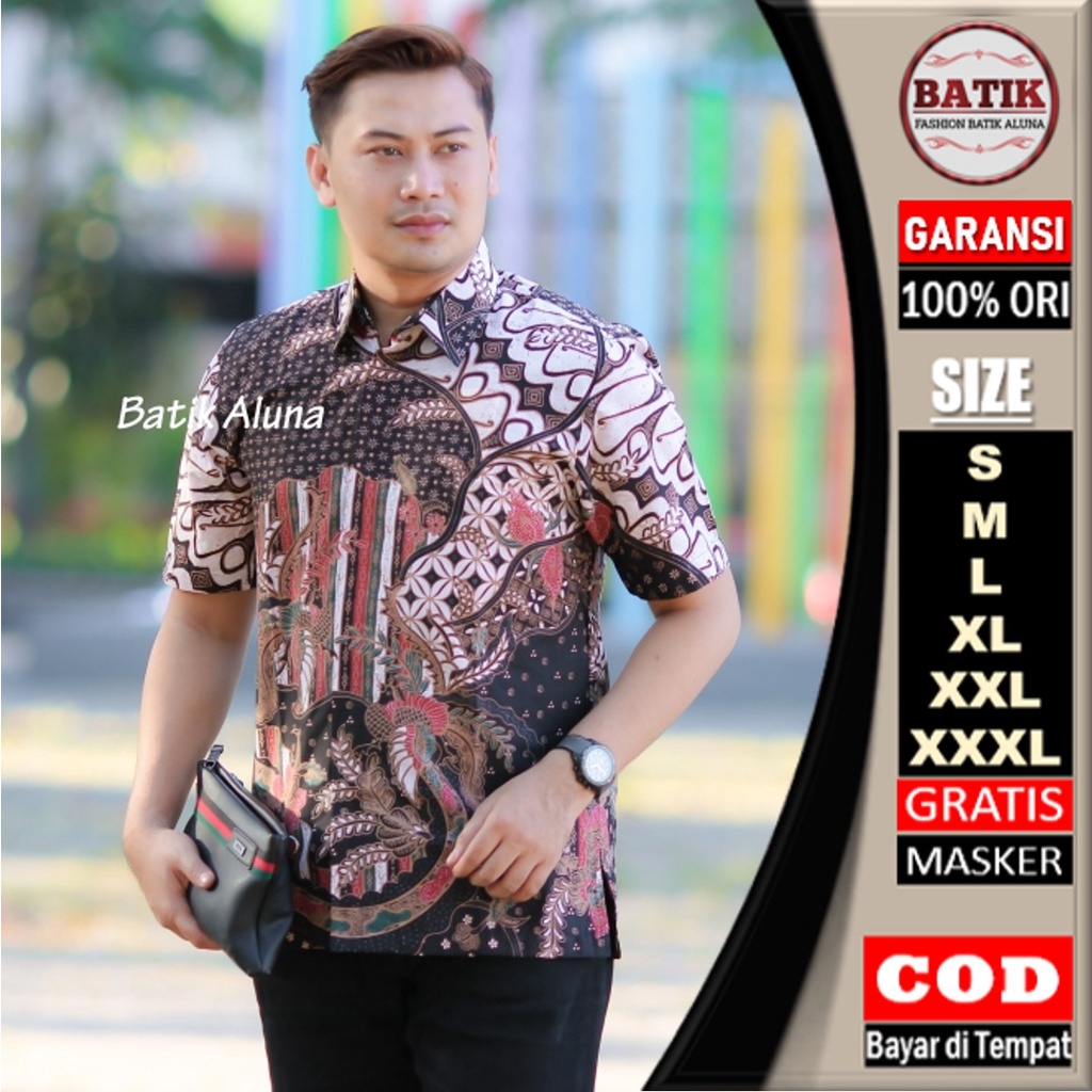 KEMEJA BATIK PRIA LENGAN PENDEK HEM BATIK PREMIUM FULL FURING BAJU BATIK SERAGAM KANTOR PEKALONGAN FASHION BATIK ALUNA