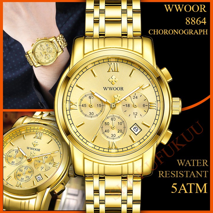 Jam Tangan Krono Pria WWOOR 8864 Gold Original