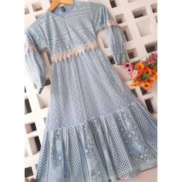 Gamis couple ibu dan anak bahan brukat kombi renda dan tile