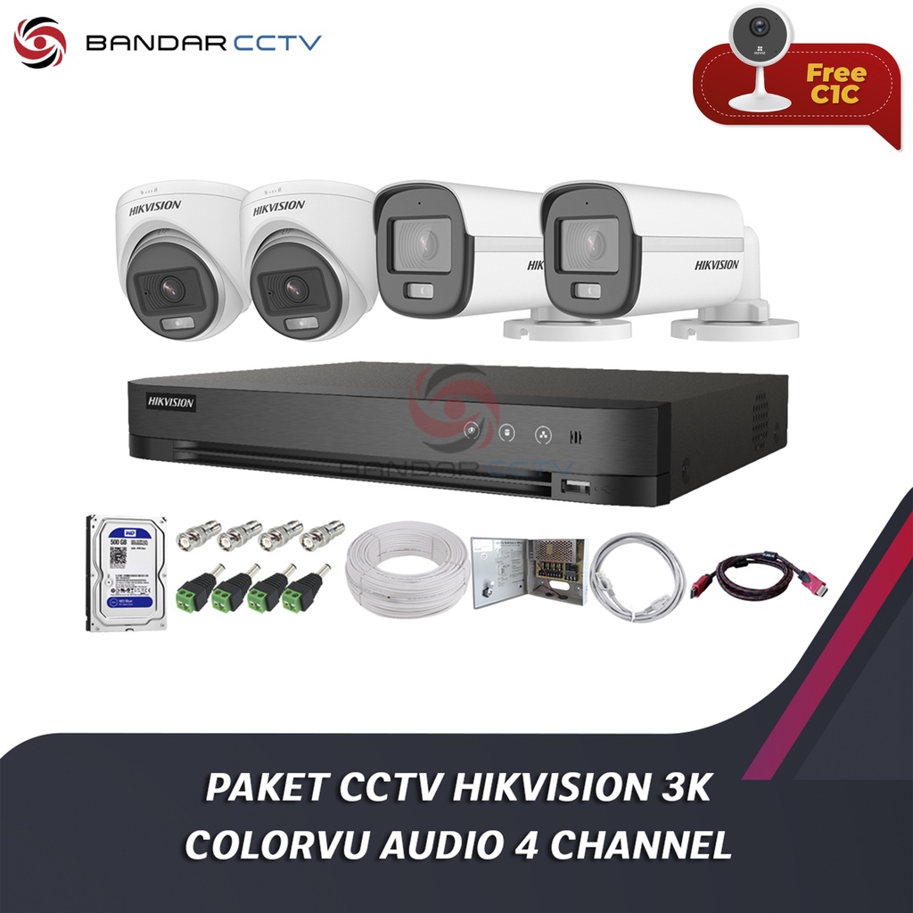 Paket CCTV Hikvision 3K ColorVu Support Audio 4 Channel