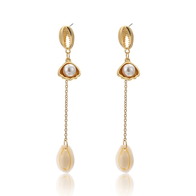 LRC Anting Tusuk Fashion Gold Alloy Shell Pearl Tassel Shell Earrings F69222