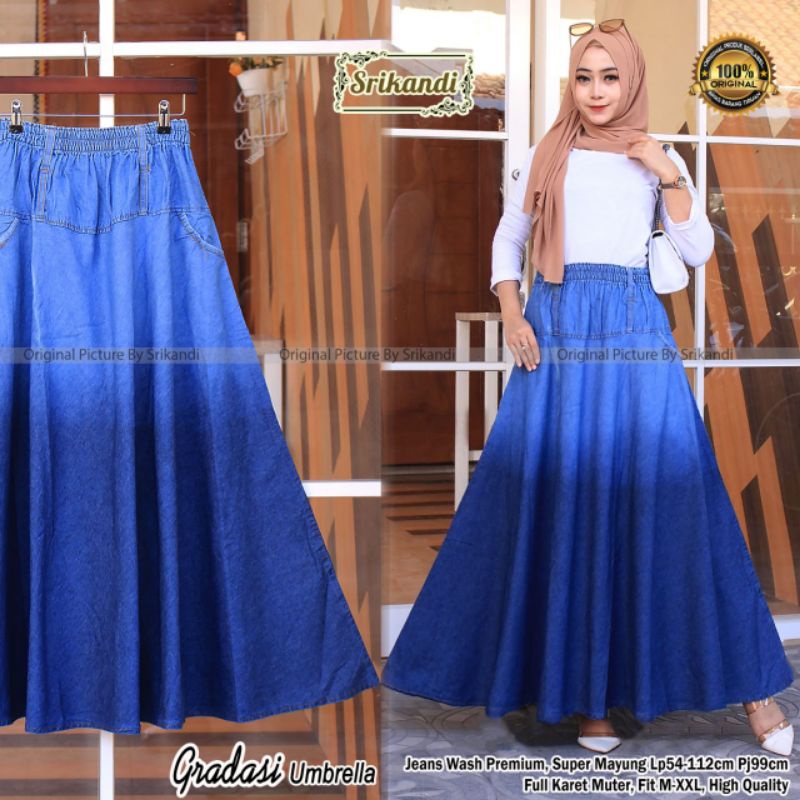 Rok jeans premium / Gradasi umbrella rok jeans wanita by srikandi