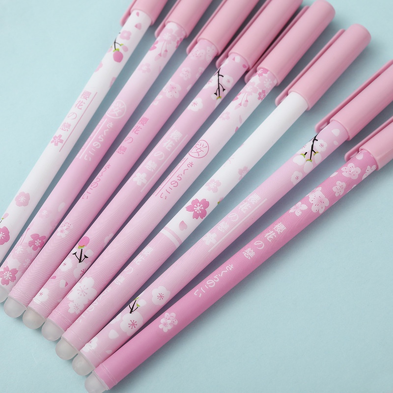 YTJ-5pcs Pink Easy-erasing Gel Pen Sakura Erasable Pen Blue Black Ink Refill for School Office Writing