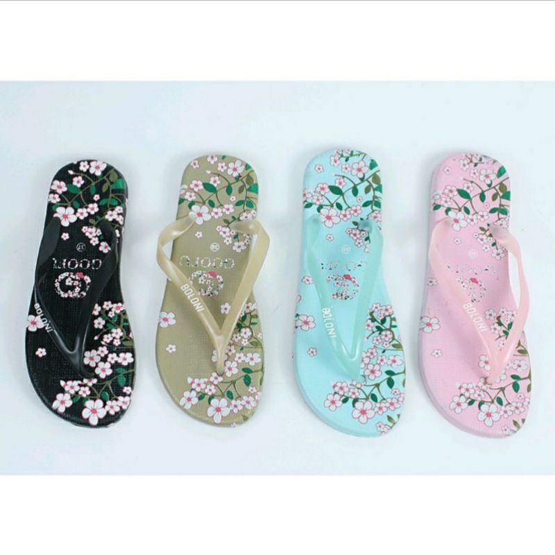 Boloni Gofu Sandal Jepit Full Karet Wanita Cewek Motif Bunga Sakura Bali Murah Kekinian (Goofu)-1