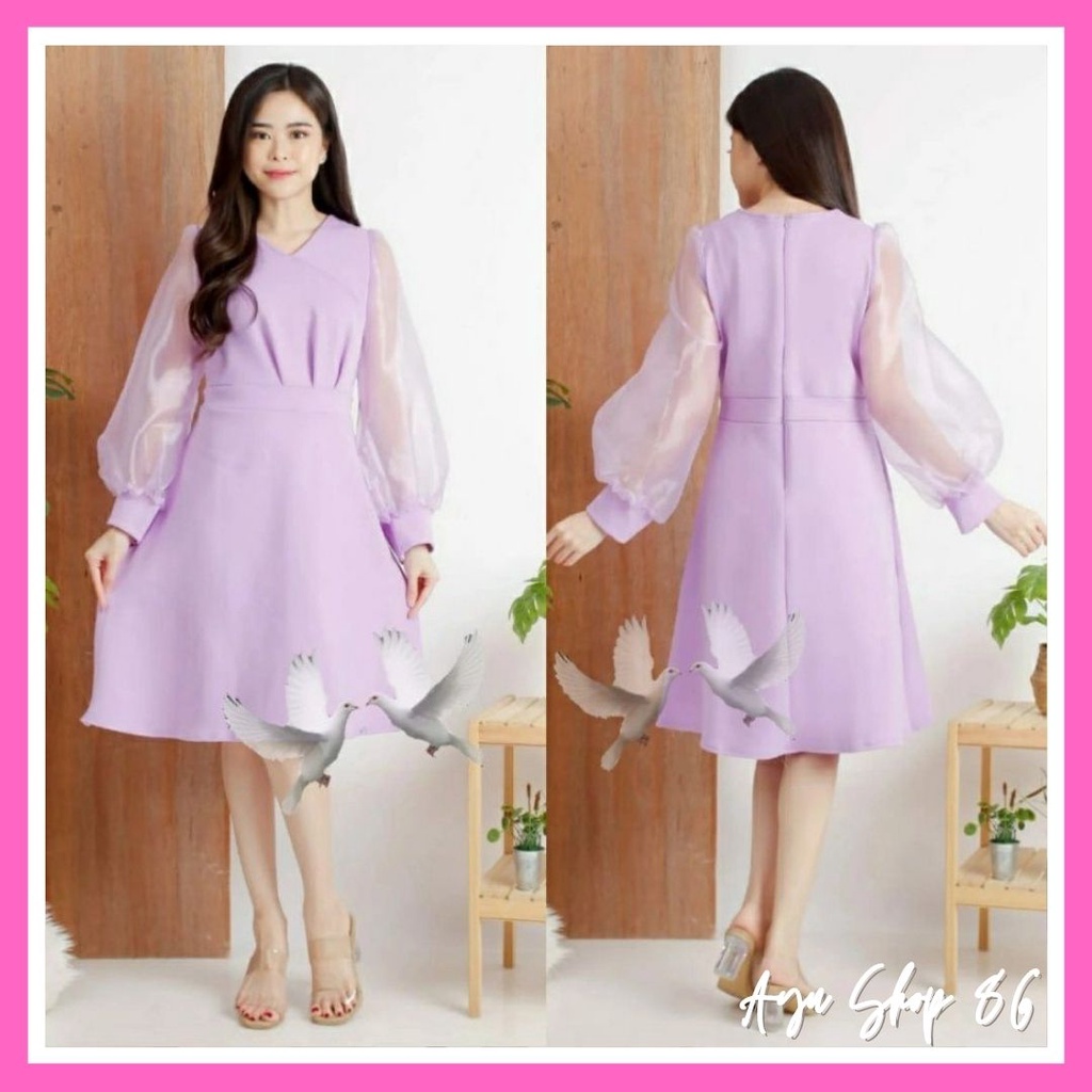 Baju Dress Tile Kaca Laura Lengan Balon Pesta Natal Imlek Wanita Dewasa Remaja Modern Trend Kekinian