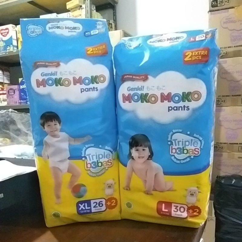 Genki Moko Moko Pants L30 + 2 / XL26 + 2 Popok Bayi Tipe Celana Sekali Pakai Ukuran M 34 + 2 / L 28+2 / XL 26+2 / Bonus Isi 2 MURAH