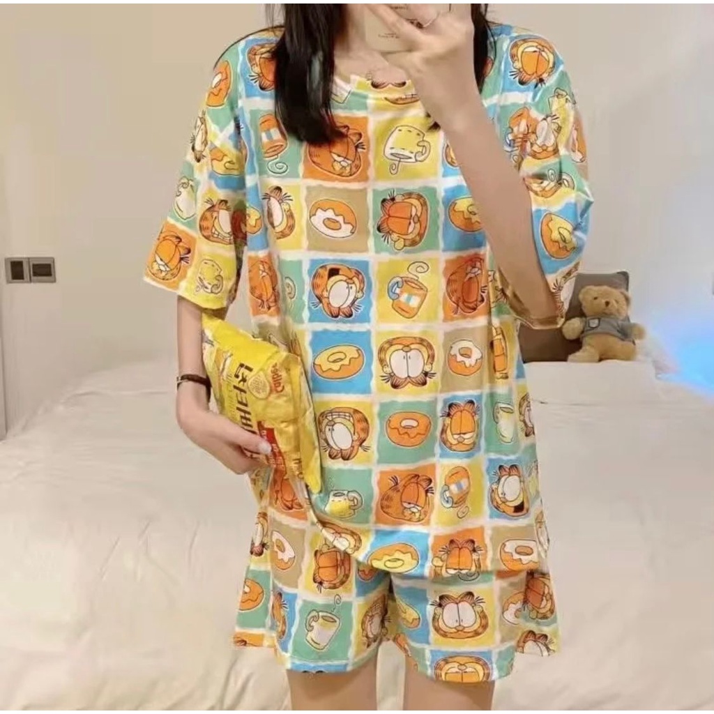 JOSJOLI_STORE/Piyama Hotpant Bear Line, Chrocodile, Elmo, Garfield, Minitebu, Peach, Pineapple/Pakaian Tidur Wanita/Fit to L