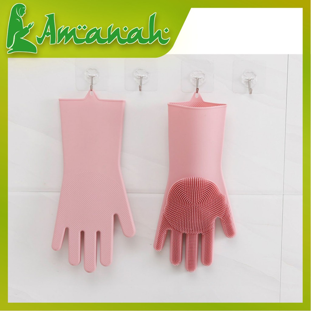 AS812 Sarung Tangan Karet Tebal Cuci Piring Silikon Dengan Brush Tebal / Silicone Gloves