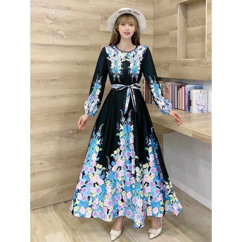 Gamis bangkok mayung ori motif corak mewah model lengan balon + tali pinggang bahan katun sutra impo