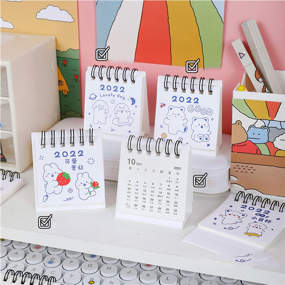 QUINTON ins 2022 Calendar Cute Table Calendar Mini Desk Calendar 2022 Student Stationery Dual Daily Scheduler Table Planner Calendar Planner Kawaii School Supplies Simple 2022 Desktop Decoration