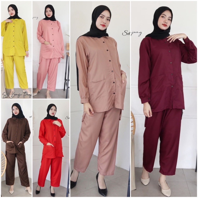 IZANY One Set Daily Kemeja Panjang / Daily Set Outfit Kemeja Lengan Panjang Polos