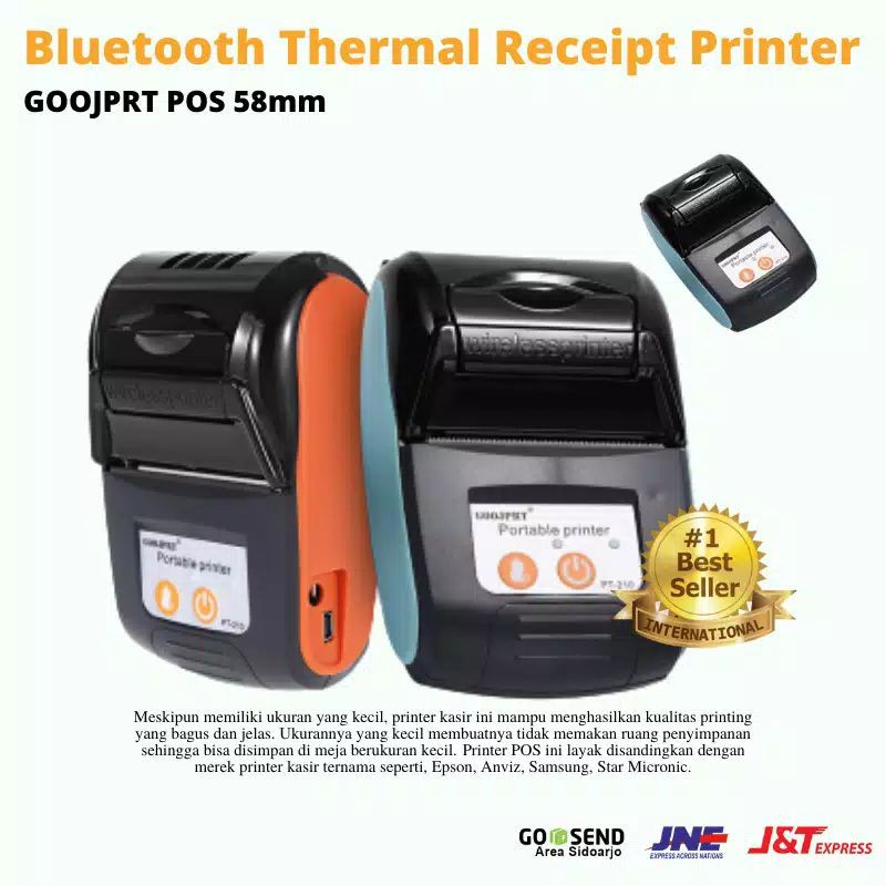 Printer POS Bluetooth Mini Thermal + BAG + kertas Printer Receipt Print 58mm GOOJPRT JP-PT210 kasir ppob ipos Black/Orange Portable GS8