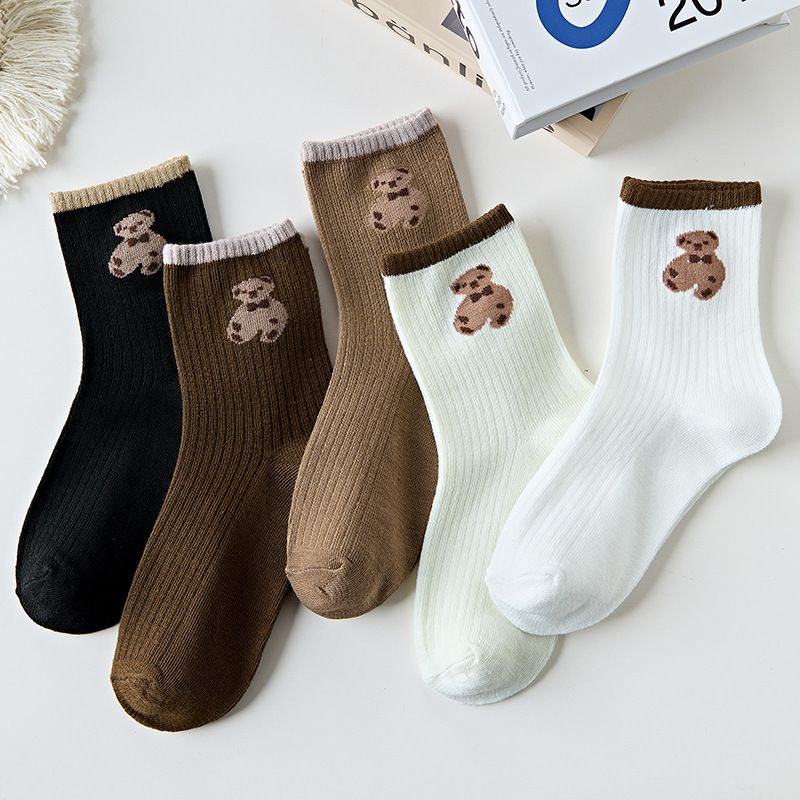 [littlecrab] Kaos Kaki Teddy Bear Panjang Coklat Hitam Panjang Women Socks Import Kaos Kaki Beruang Berkualitas Korean Style