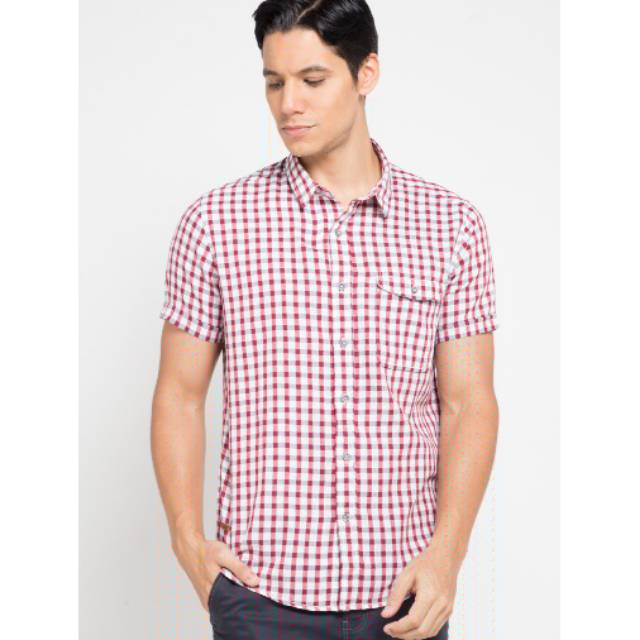 KLS024 OB KEMEJA LOIS LENGAN PENDEK MOTIF KOTAK KOTAK MERAH PUTIH