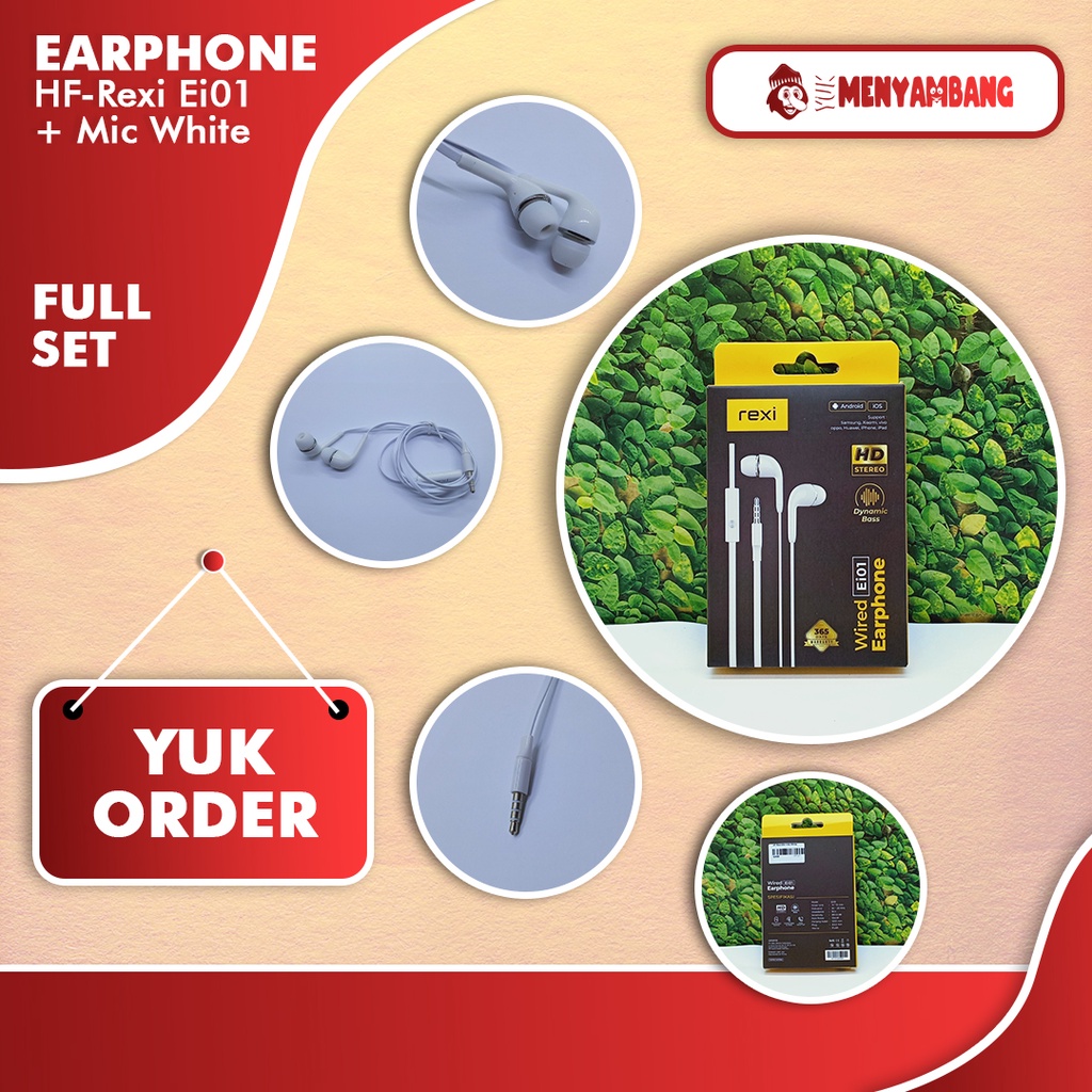 42409 | HF-Rexi Ei01 + Mic White | REXI Ei01 Wired Earphone Dynamic Bass HD Stereo