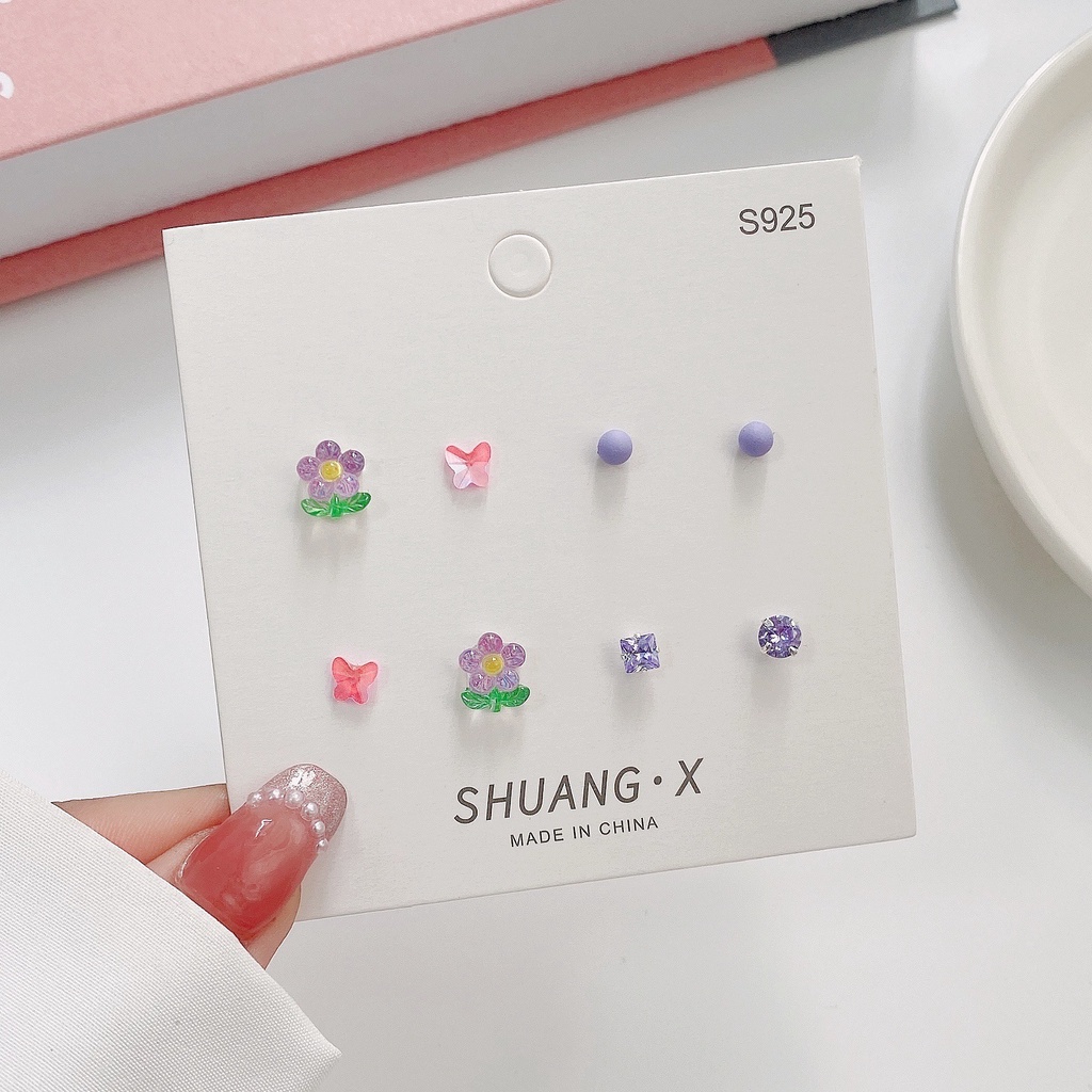 Set Anting Stud S925 Silver Bentuk Bunga Tulip Kupu-Kupu Bulat Geometris Aksen Kristal Untuk Wanita