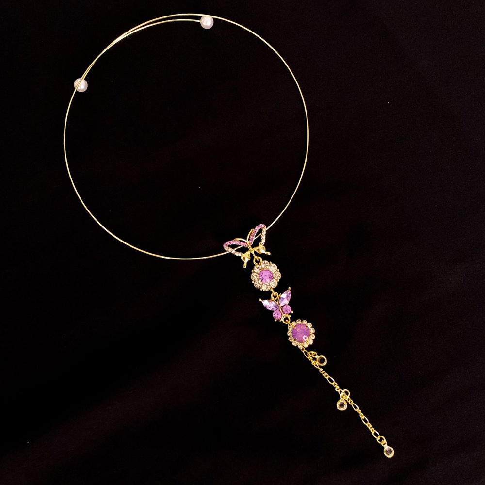 Needway  Fashion Butterfly Choker Women Purple Crystal Flower Necklace New Tassel Fashion Jewelry Chain Choker Rhinestone Girls Pearl/Multicolor