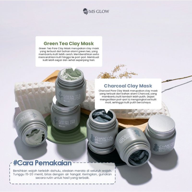 Clay Mask Ms Glow/ Charcoal Clay Mask/ Green Tea Clay Mask