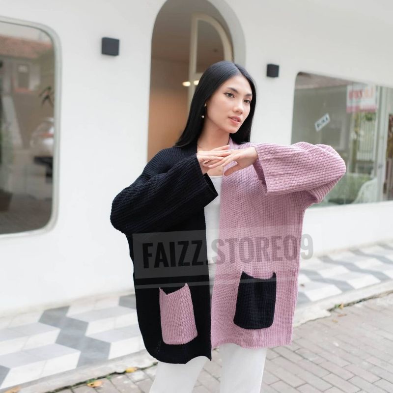 DARA CARDIGAN RAJUT OVERSIZE LAVELLA TWO TONE KOMBINASI/OUTER CARDI RAJUT WANITA STORE09 MURAH